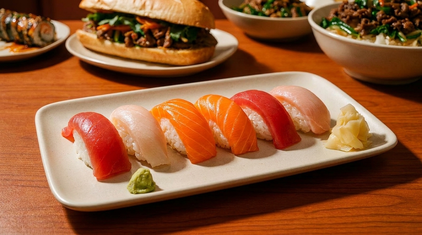 A plate of colorful nigiri sushi with wasabi and ginger, alongside a banh mi and rice bowls.