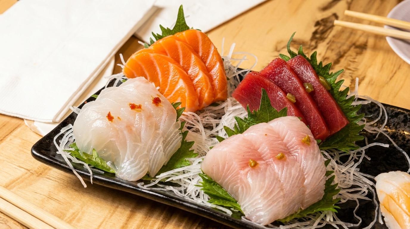 A black rectangular plate holds four types of sashimi on shredded daikon and green leaves.