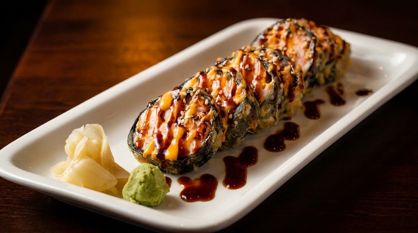 Fried sushi rolls drizzled with orange and brown sauces, served with ginger and wasabi.