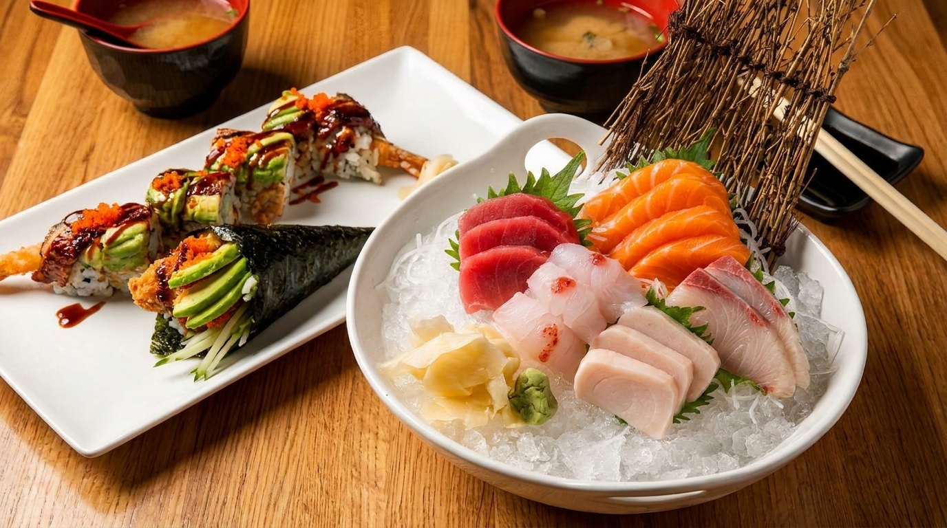 Assortment of sushi rolls, a hand roll, and sashimi on ice, with two bowls of miso soup.