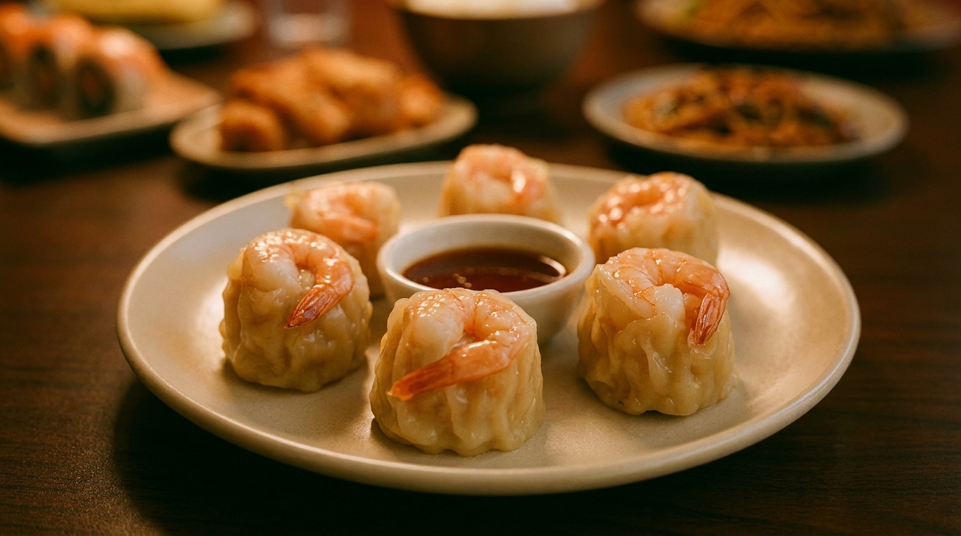 Plate of shrimp shumai dumplings with a dipping sauce, other dishes blurred in background.