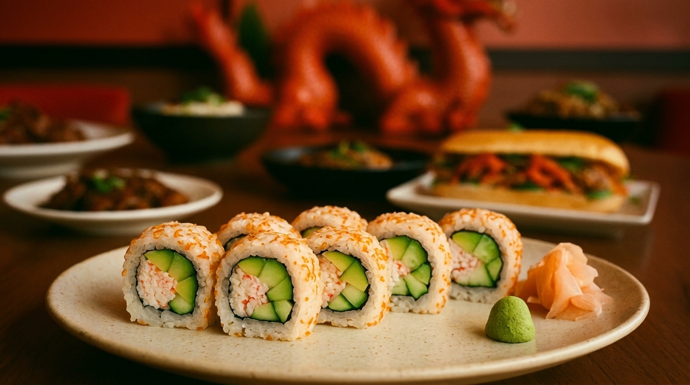 California rolls with wasabi and ginger, with other Asian dishes and a red dragon statue in background.