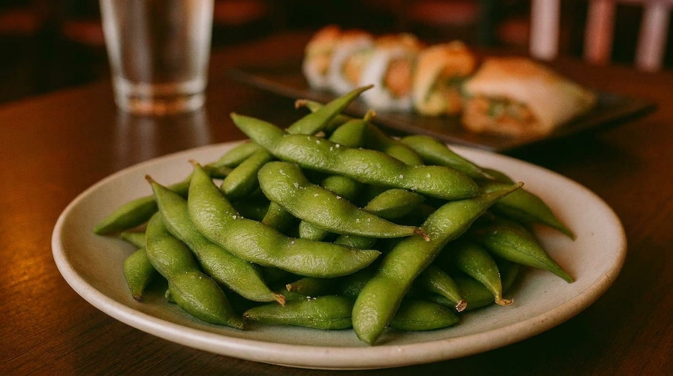 A plate of salted edamame pods with sushi rolls and a glass of water in the background.