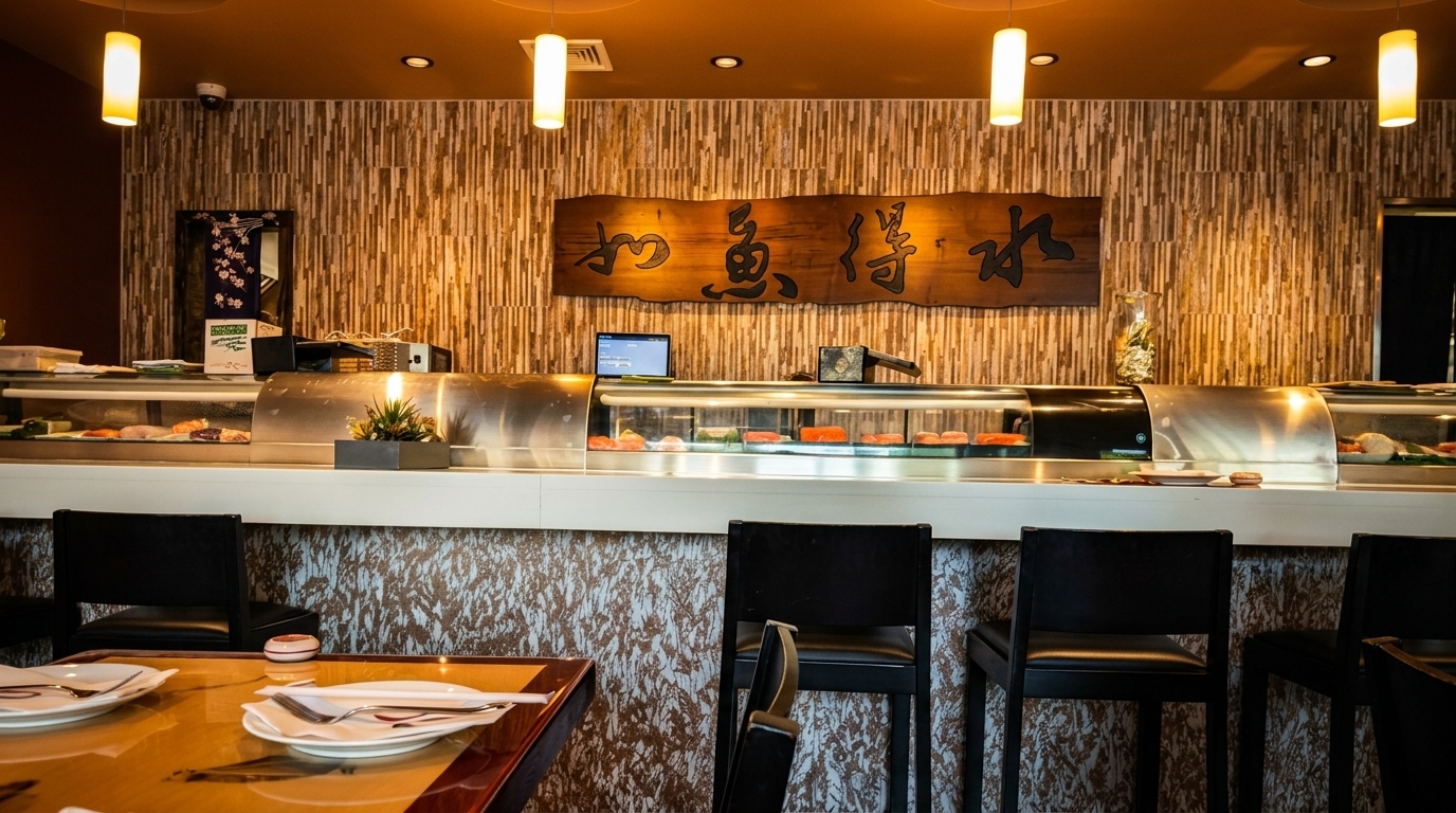 A sushi bar with a wooden sign, display cases of fish, and bar stools.