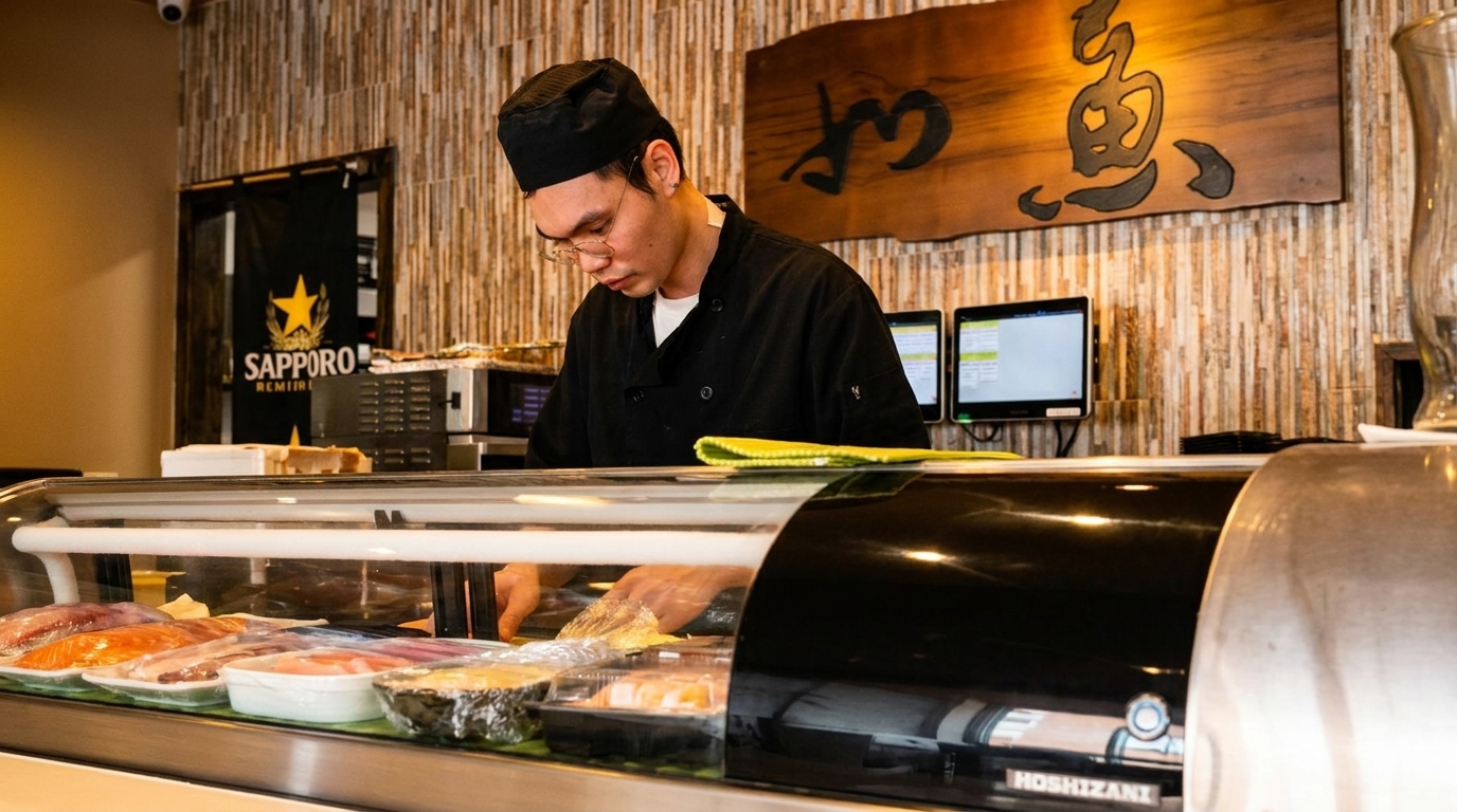 A sushi chef in a black uniform prepares food behind a glass display of fresh fish.