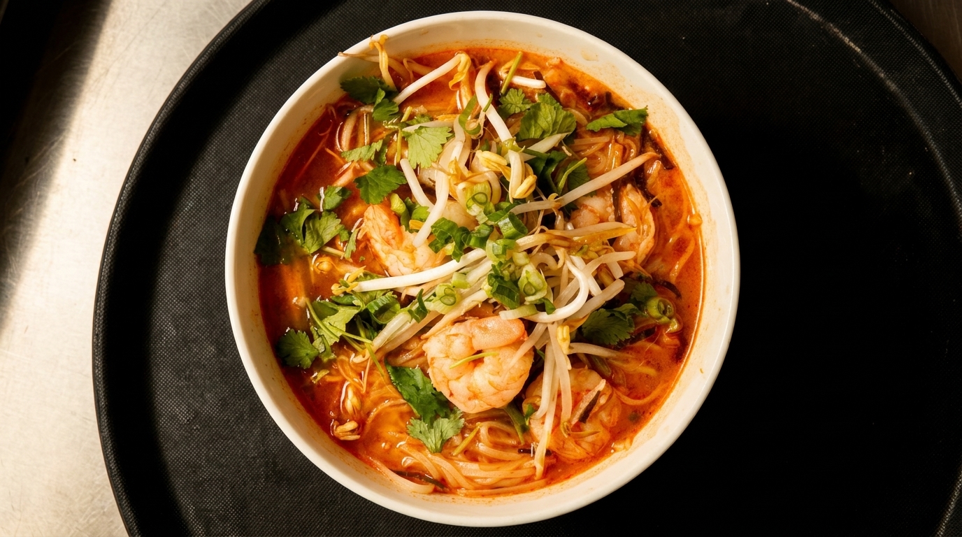 Overhead view of a vibrant red shrimp noodle soup with bean sprouts and cilantro in a white bowl.