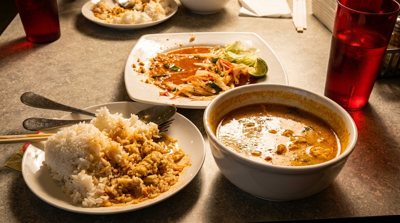A table with partially eaten plates of Thai food, including curry, rice, and papaya salad.