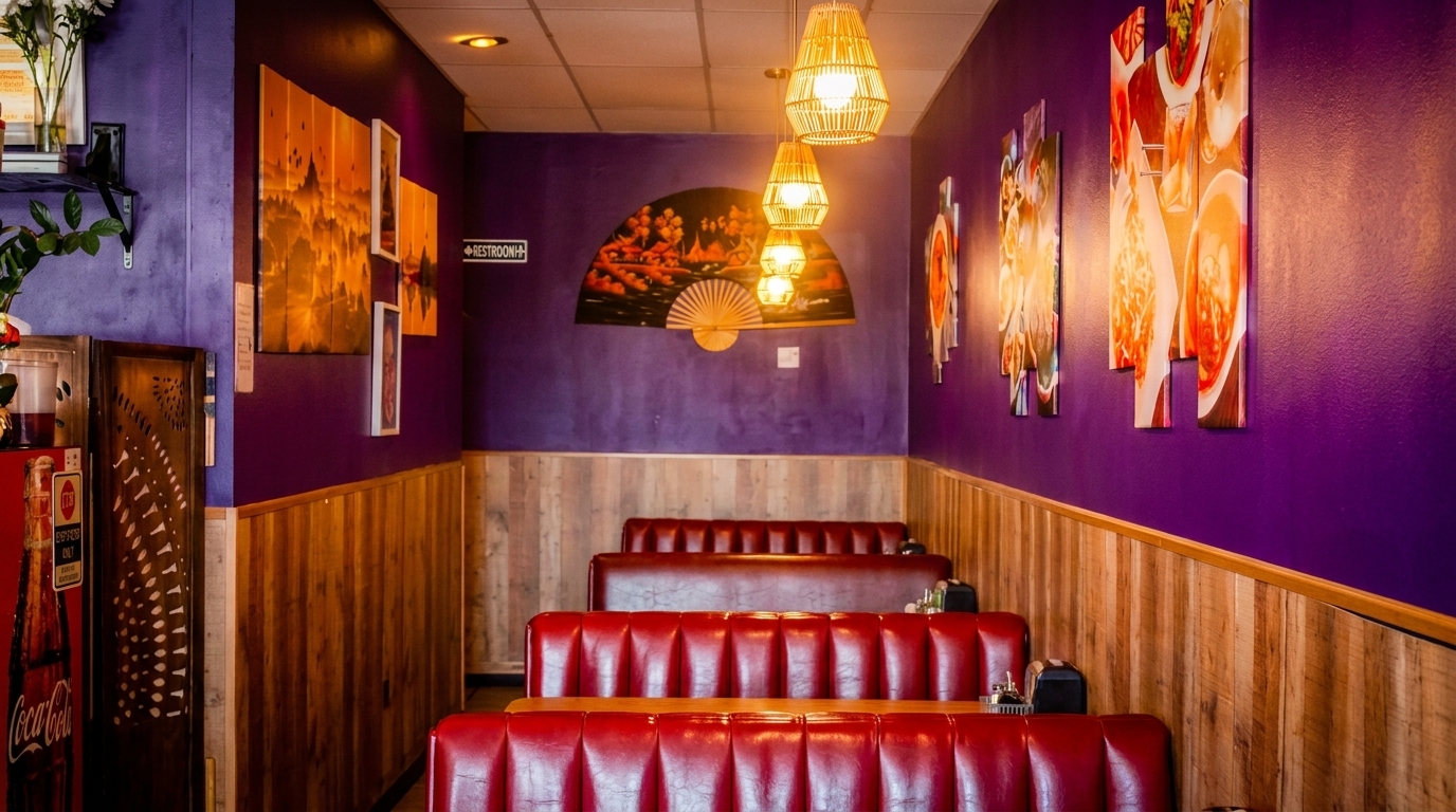 Restaurant interior with purple walls, wood paneling, red booths, and Asian-inspired decor.