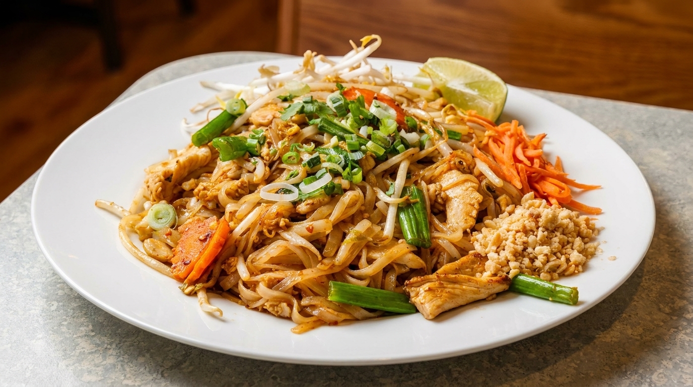 Chicken Pad Thai with noodles, bean sprouts, carrots, peanuts, green onions, and a lime wedge.