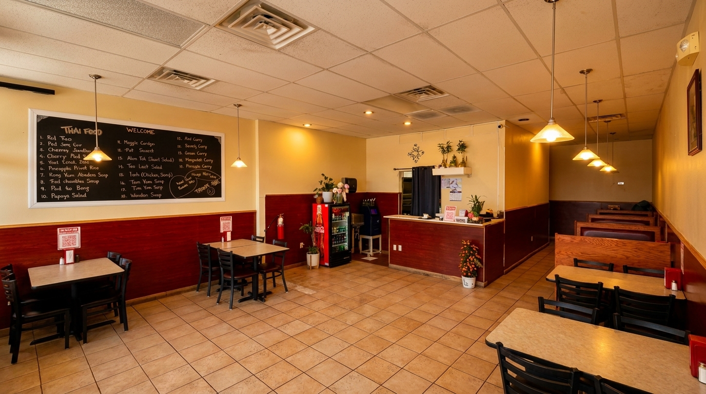 Interior of a Thai restaurant with tables, booths, a menu board, and a counter.