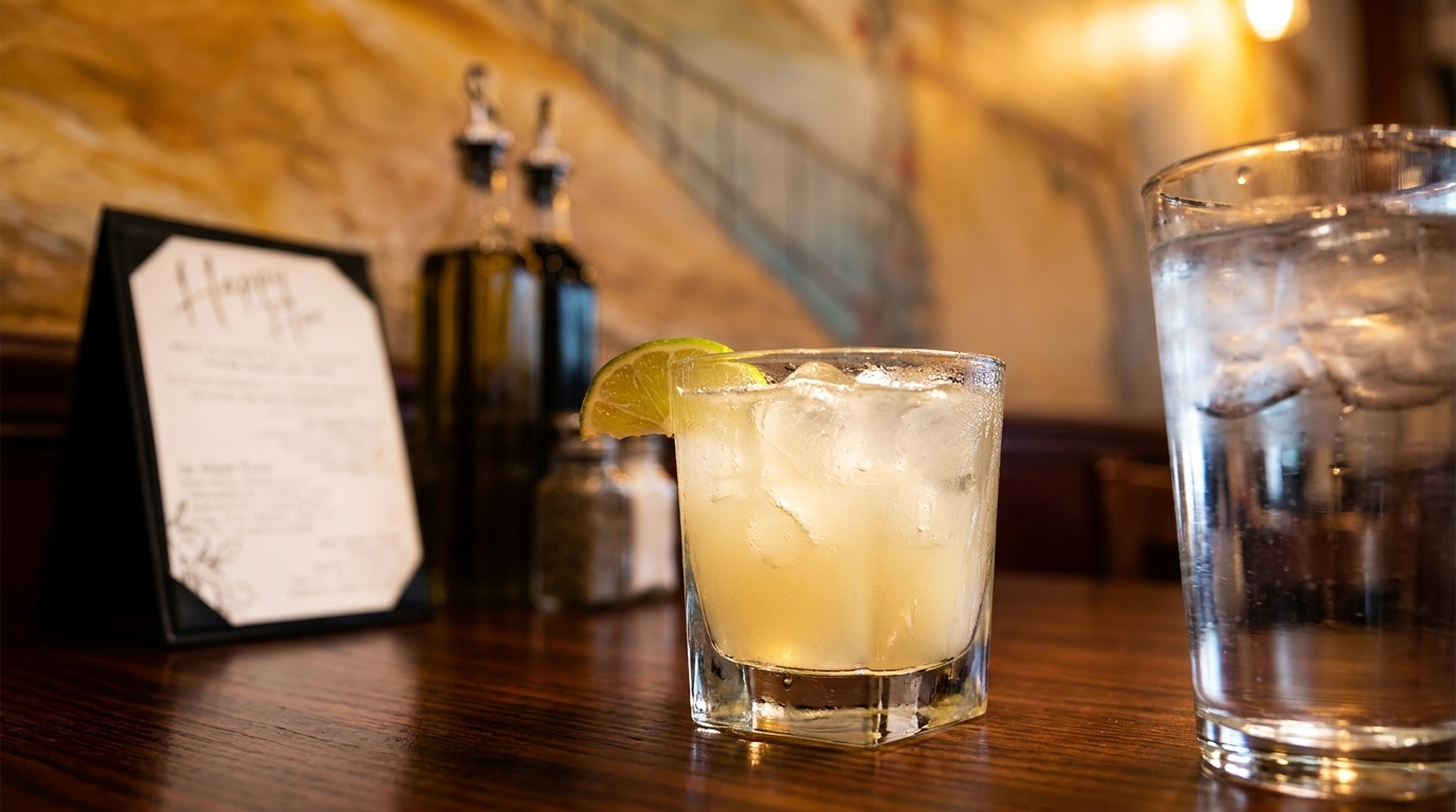 A refreshing cocktail with a lime wedge and a glass of water on a wooden table.