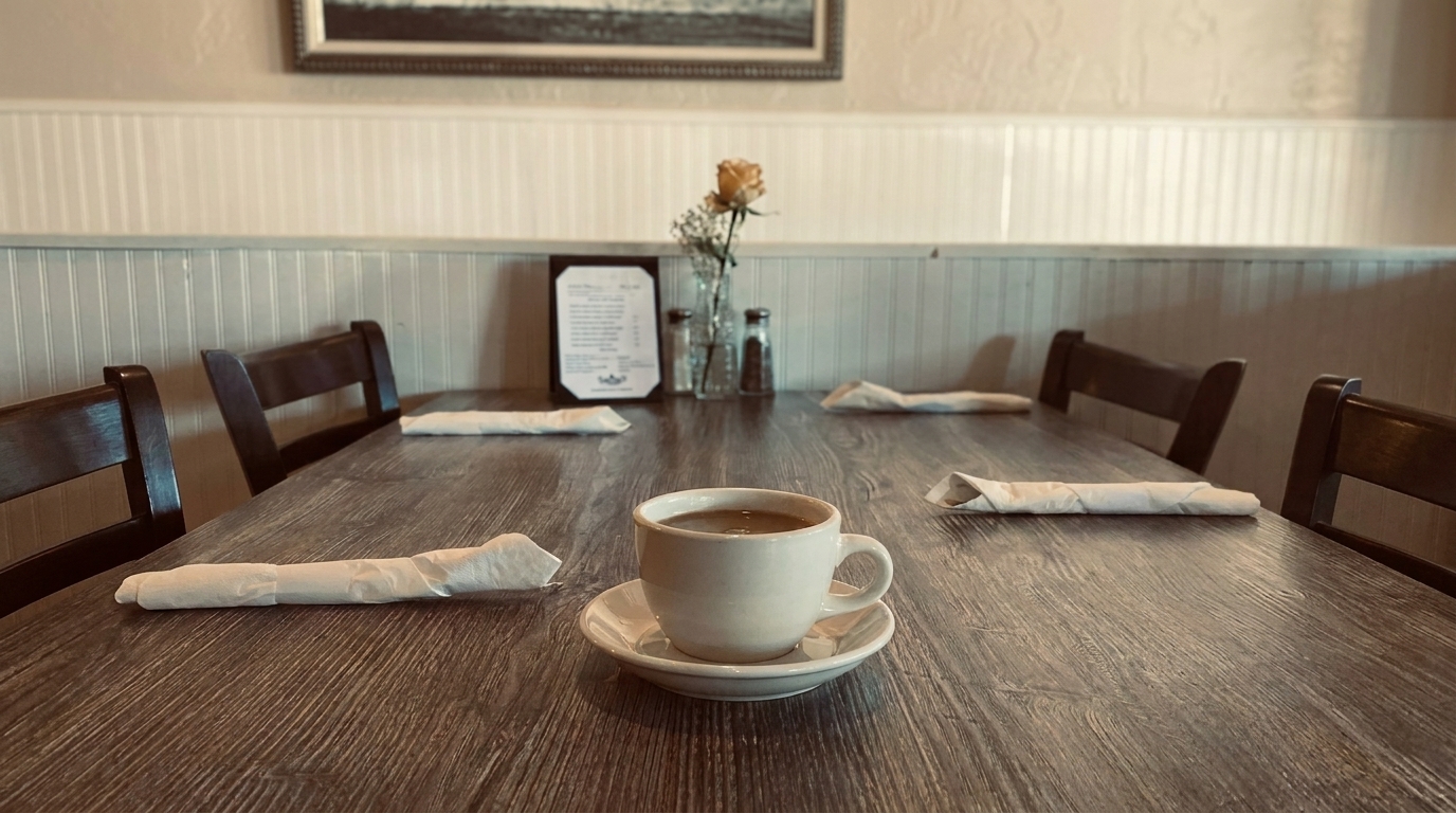 A cup of coffee on a wooden table with rolled napkins, chairs, and a menu in the background.