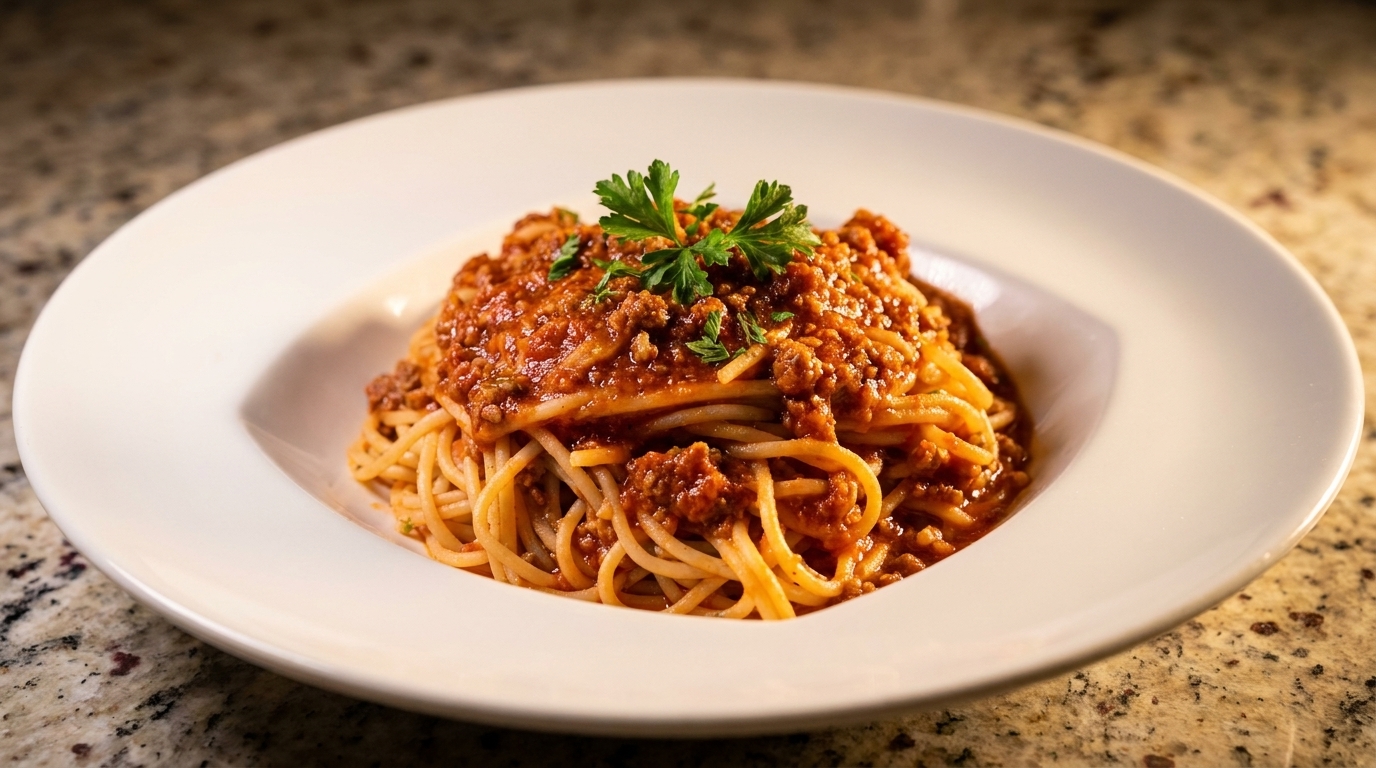 Spaghetti bolognese with meat sauce and fresh parsley in a white bowl on a granite counter.