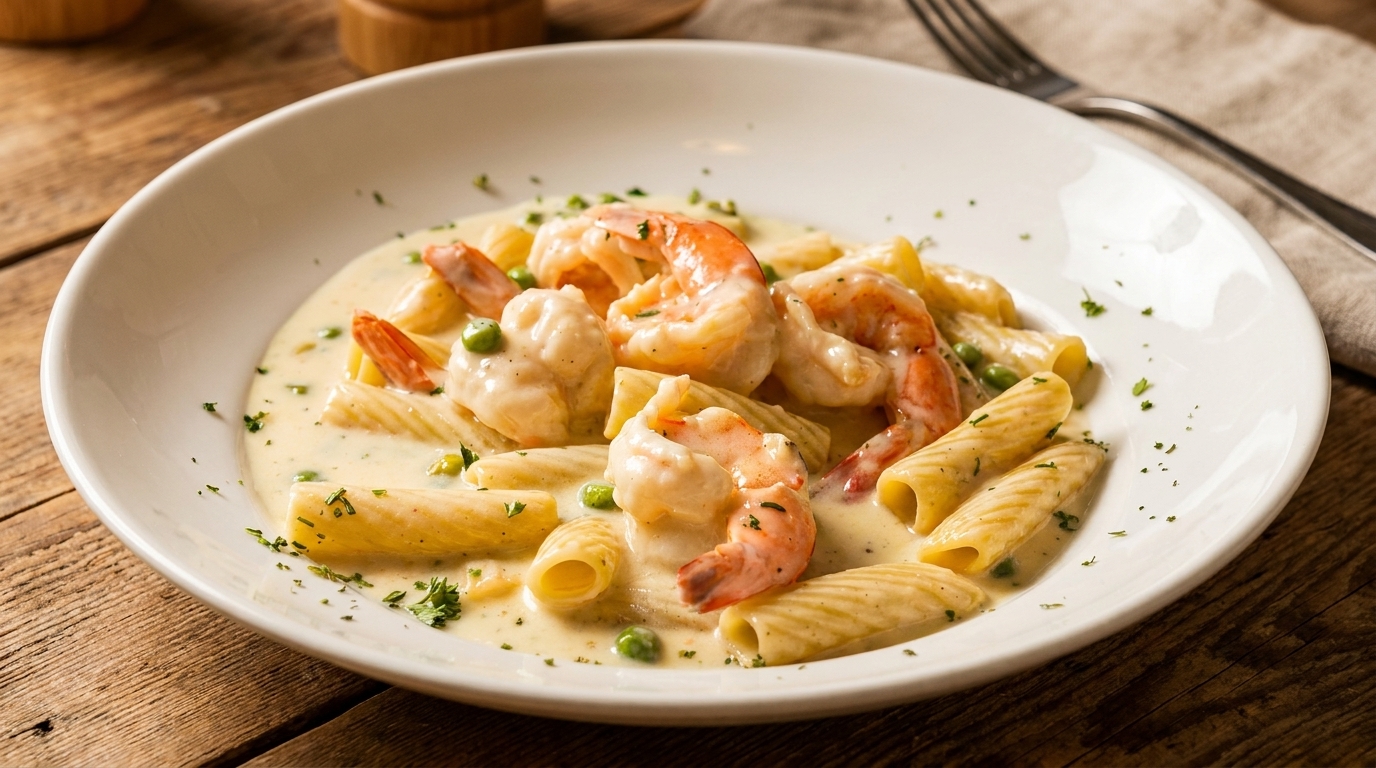 Creamy shrimp and pasta dish with peas and parsley, served in a white bowl on a wooden table.