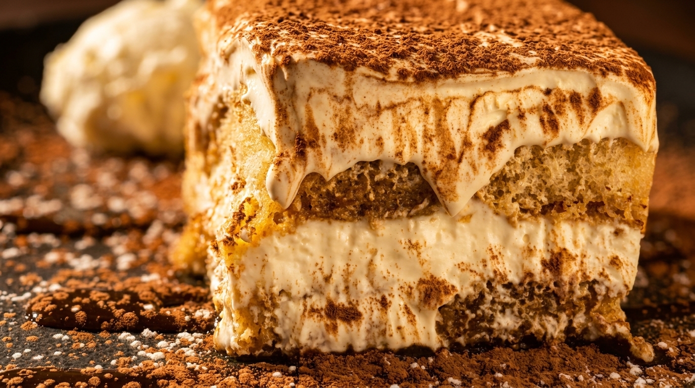 Close-up of a tiramisu slice with creamy layers, topped with cocoa powder, on a dark surface.