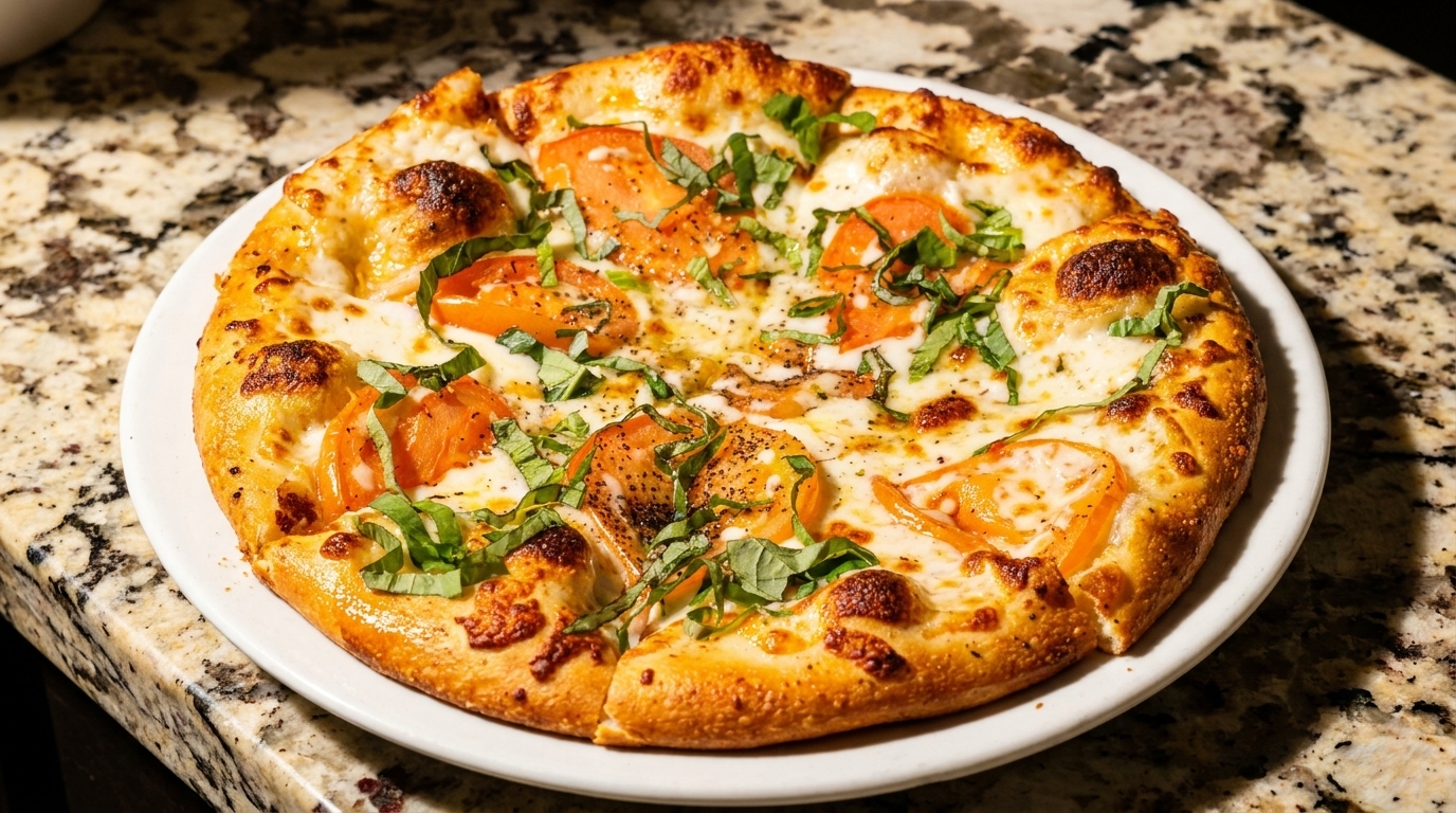A freshly baked pizza with melted cheese, sliced tomatoes, and basil on a white plate.