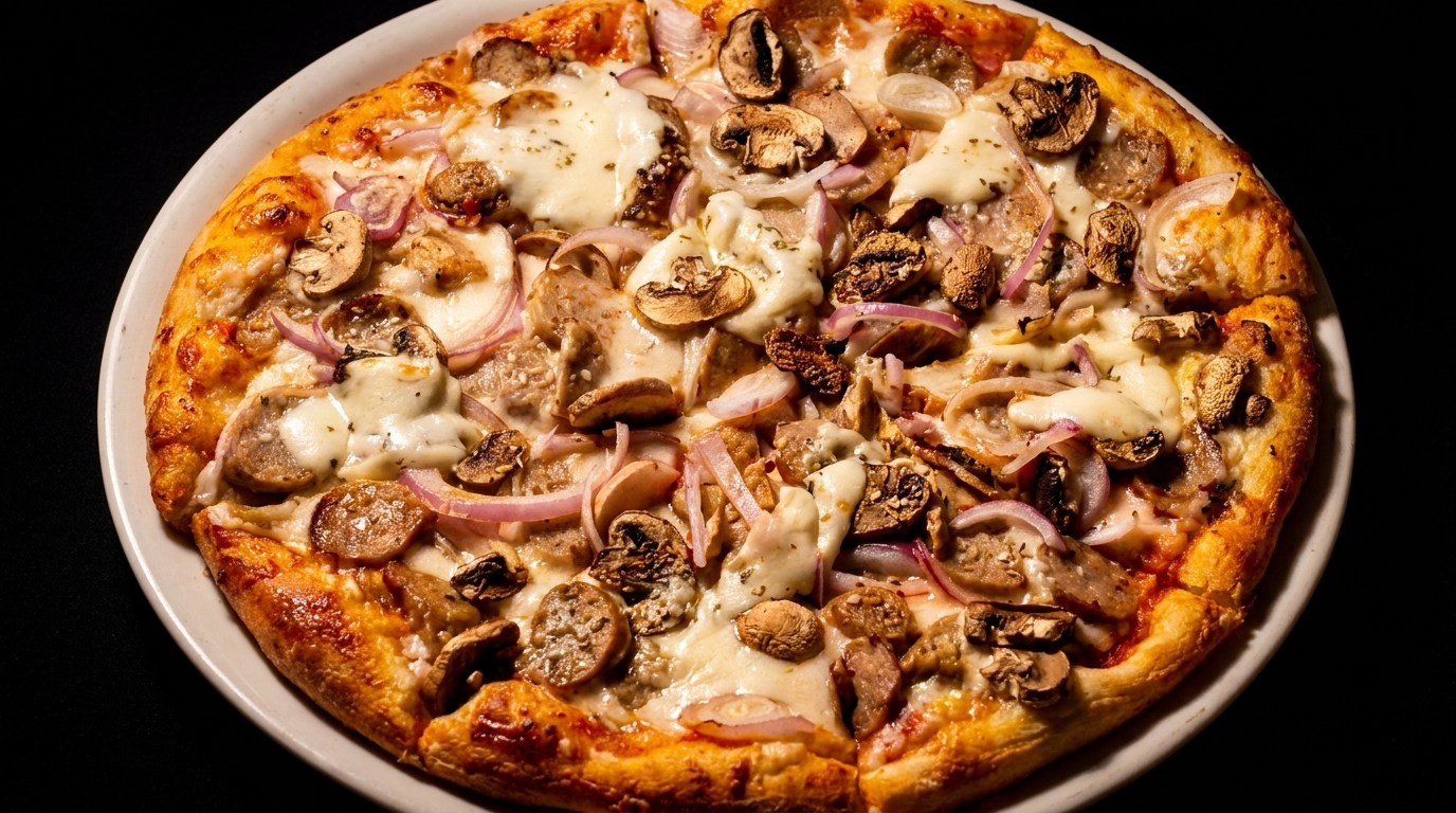 A whole pizza with melted cheese, mushrooms, red onions, and sausage on a white plate.