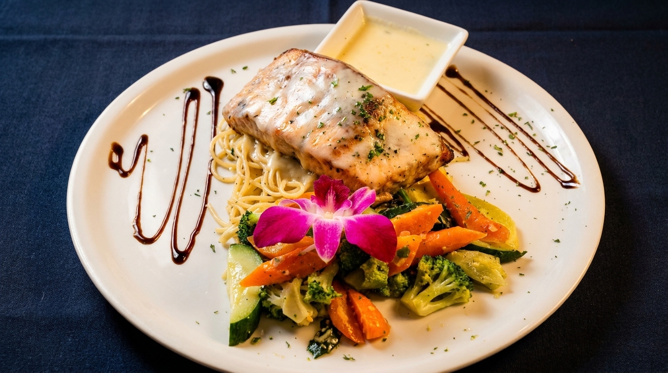 Salmon fillet with melted cheese on spaghetti, served with mixed vegetables and a pink orchid.