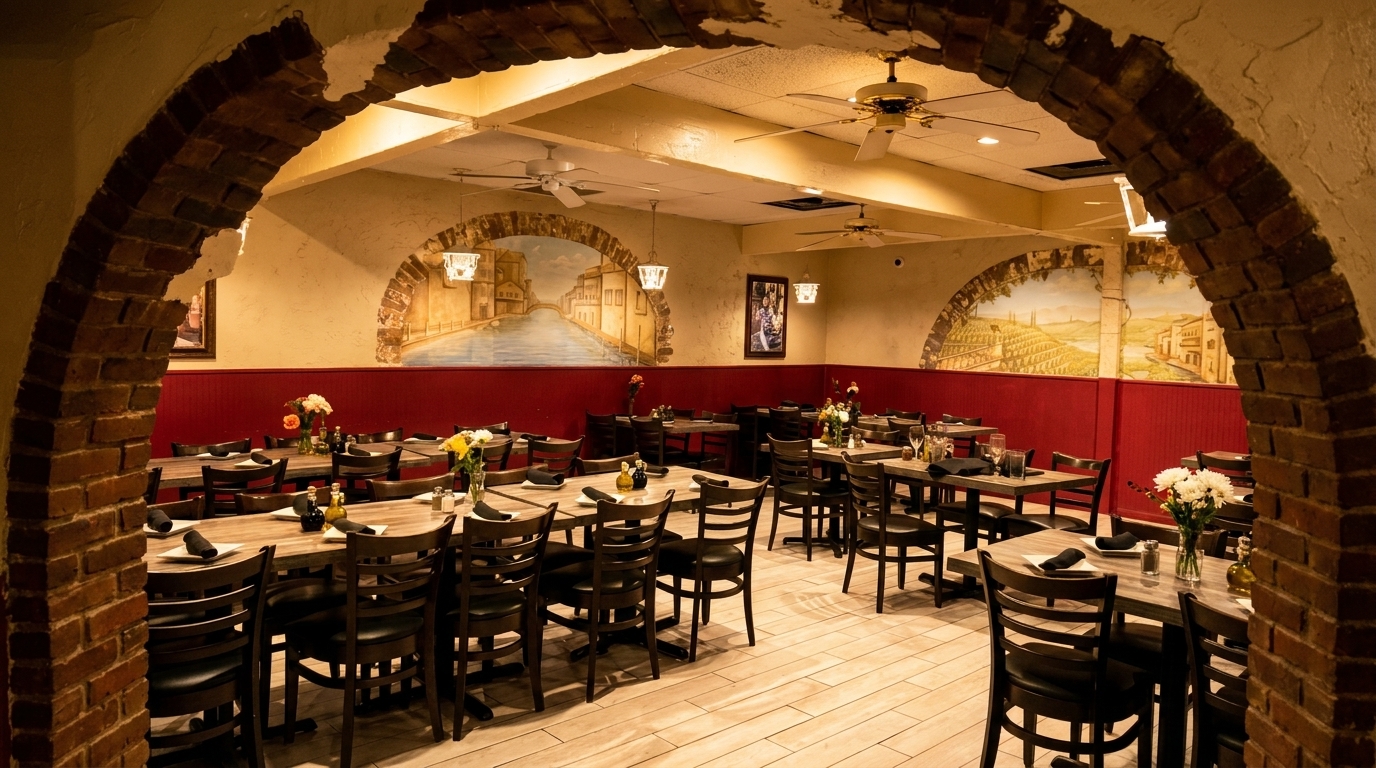 An Italian restaurant dining room with brick arches, murals, and set tables with dark chairs.