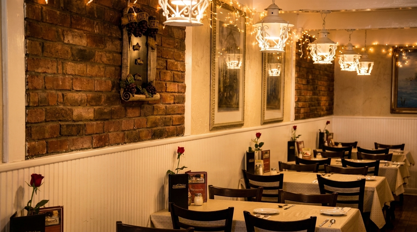 Cozy restaurant interior with brick walls, string lights, white lanterns, and tables set with red roses.