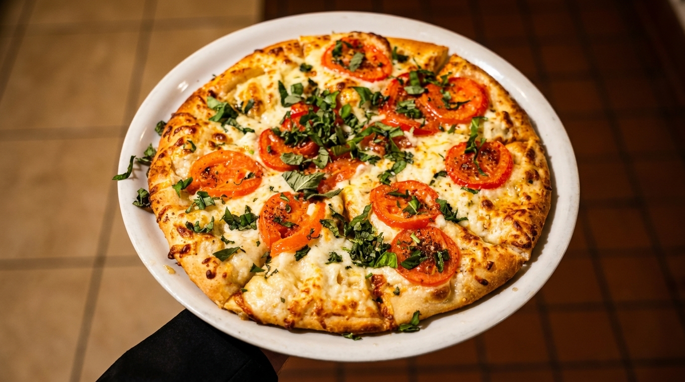 A freshly baked pizza with melted cheese, sliced tomatoes, and basil on a white plate.