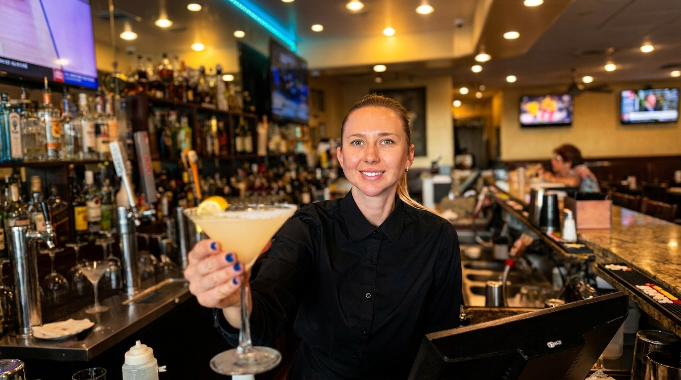 Smiling bartender in a black shirt holding out a cocktail with a lemon slice in a lively bar.