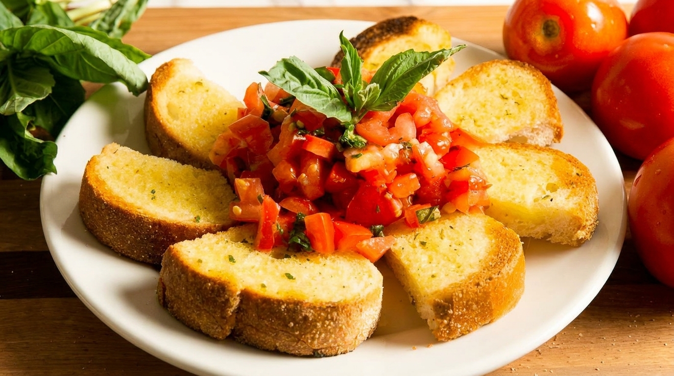 A white plate holds golden-brown bruschetta slices surrounding a pile of fresh tomato and basil.