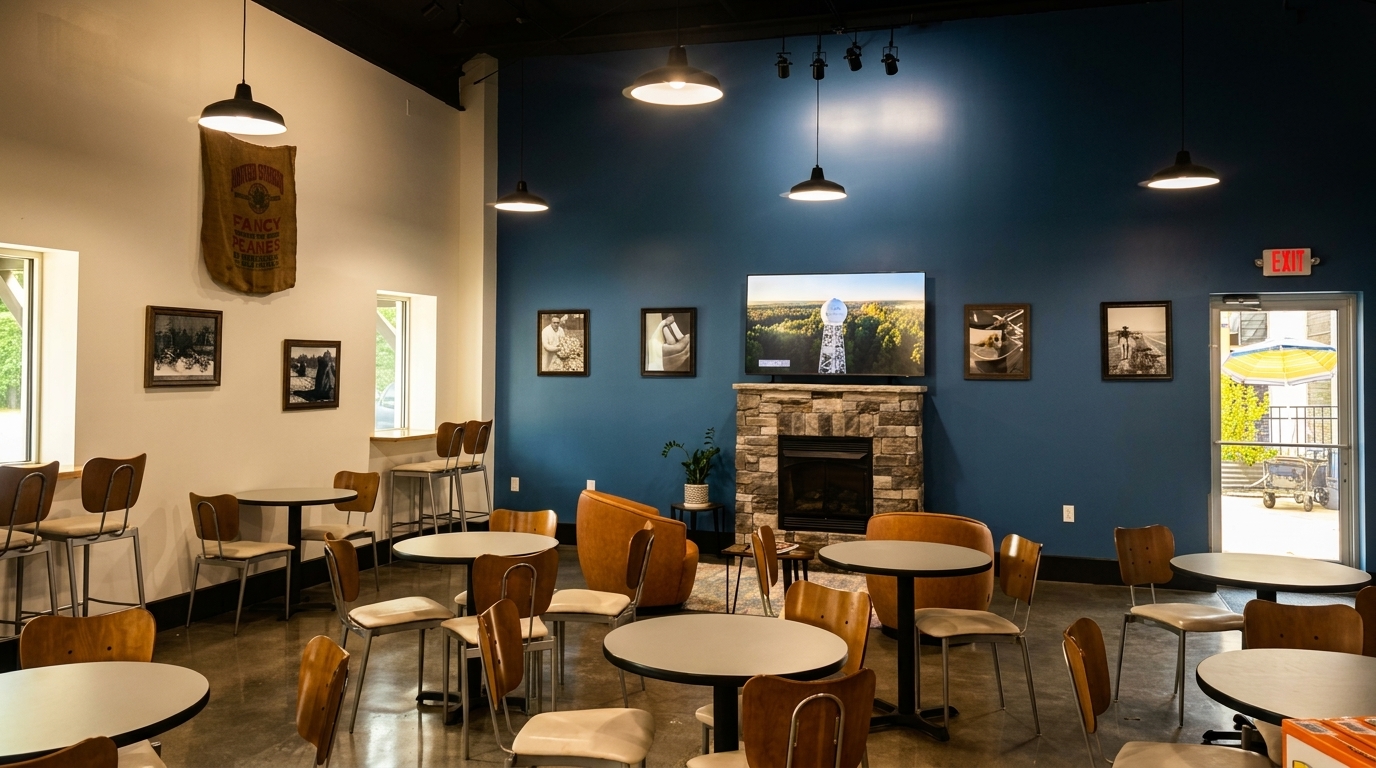 Restaurant interior with tables, chairs, a stone fireplace, and a large TV on a blue accent wall.