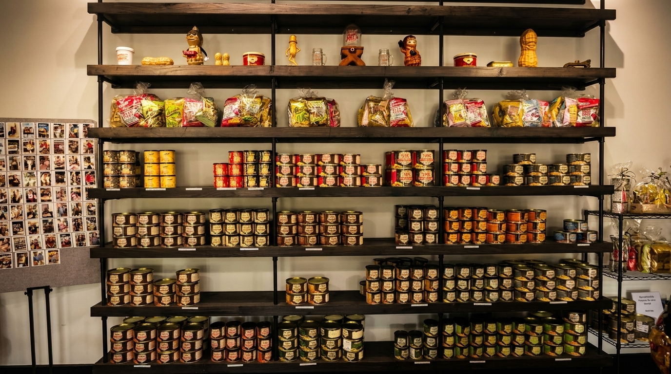 A retail display of canned goods and packaged snacks on dark wooden shelves.