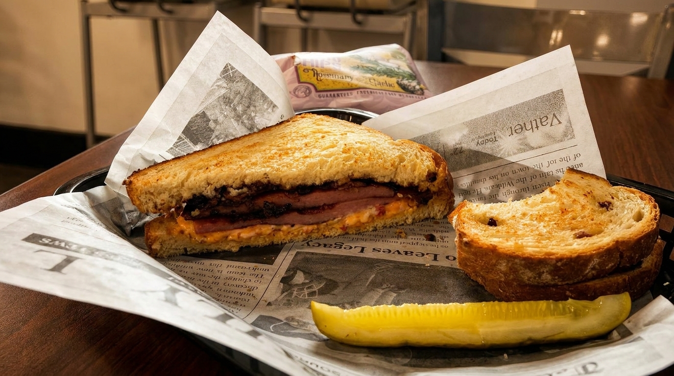 A grilled sandwich with meat and cheese, served with a pickle spear and toasted raisin bread.
