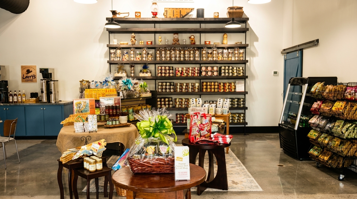Interior of a gift shop with shelves of packaged goods, gift baskets, and a coffee bar.