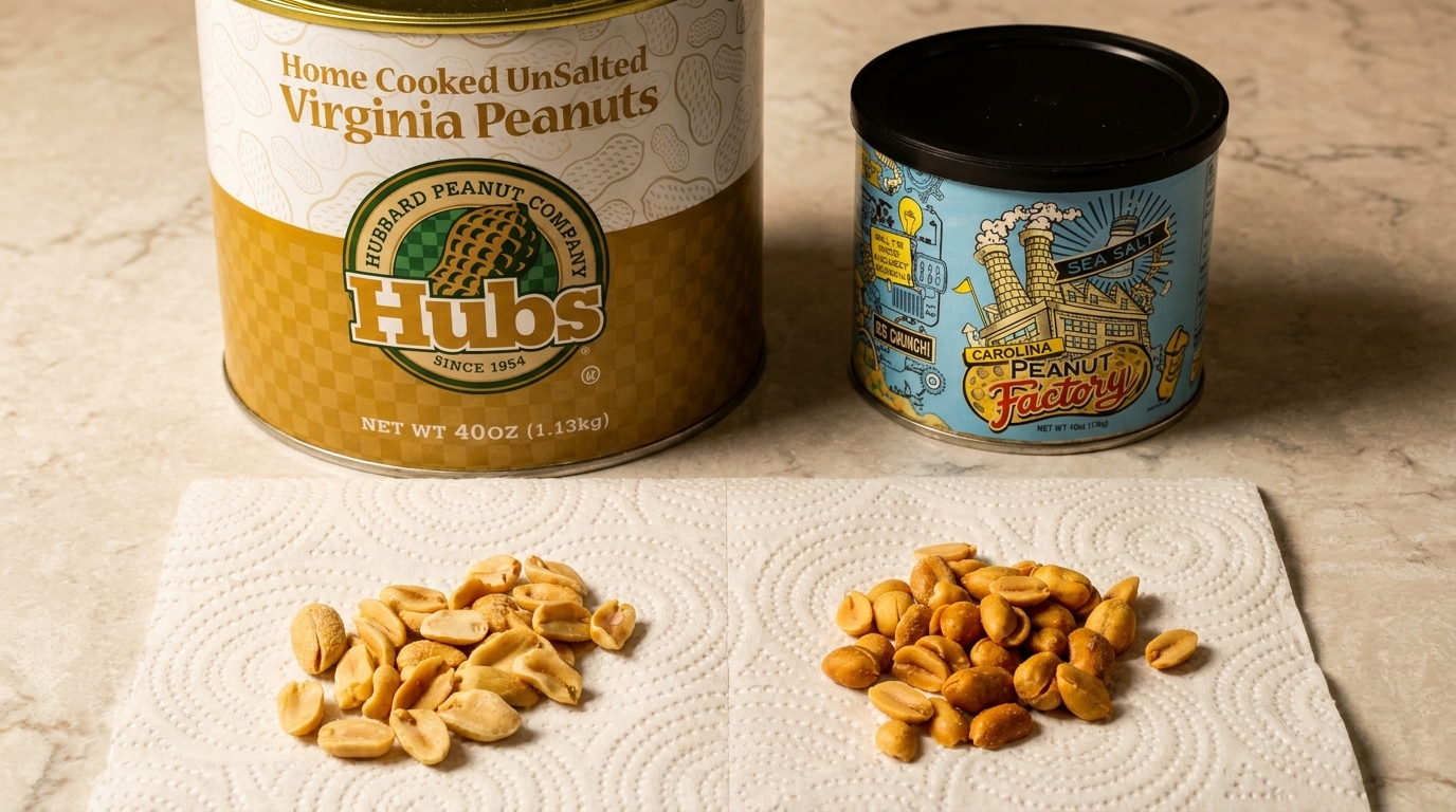 Two cans of peanuts, Hubs and Carolina Peanut Factory, with piles of peanuts on paper towels.