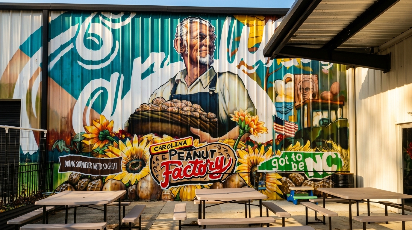 Colorful mural of a farmer holding peanuts, sunflowers, and the "Carolina Peanut Factory" logo on a building exterior.