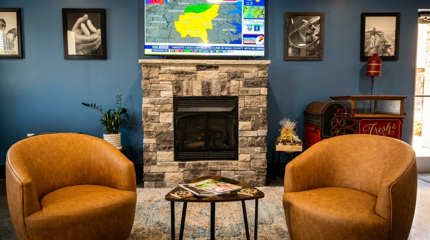 Cozy waiting area with two brown armchairs, a stone fireplace, and a television displaying a weather map.