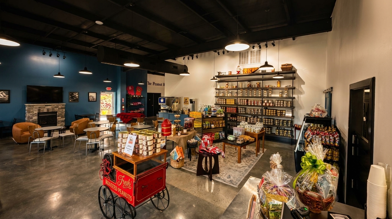 Interior of a store with a seating area, fireplace, and shelves filled with various products.