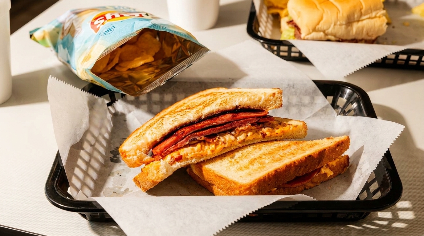 A grilled cheese sandwich with bacon and a bag of Lay's potato chips in a black basket.