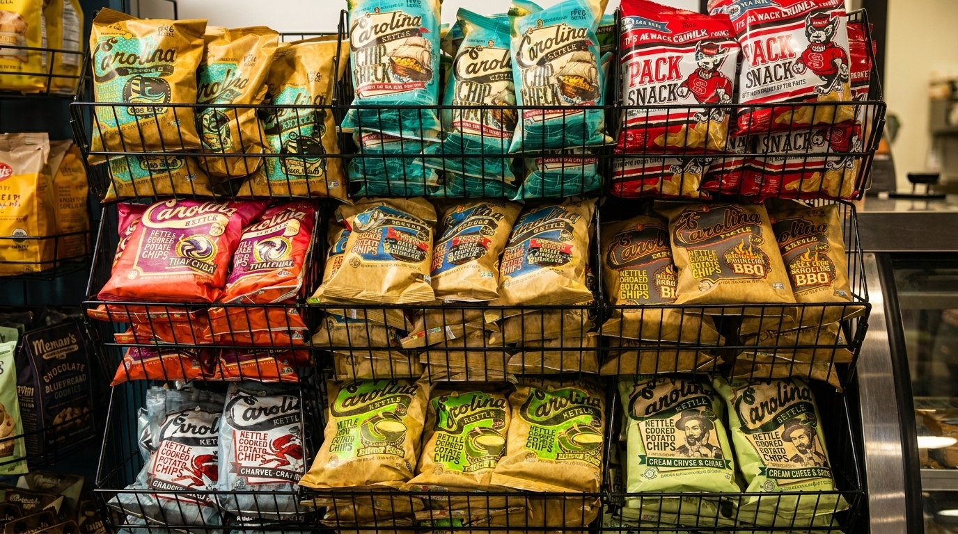 A retail display rack filled with various flavors of Carolina Kettle potato chips and Pack Snacks.