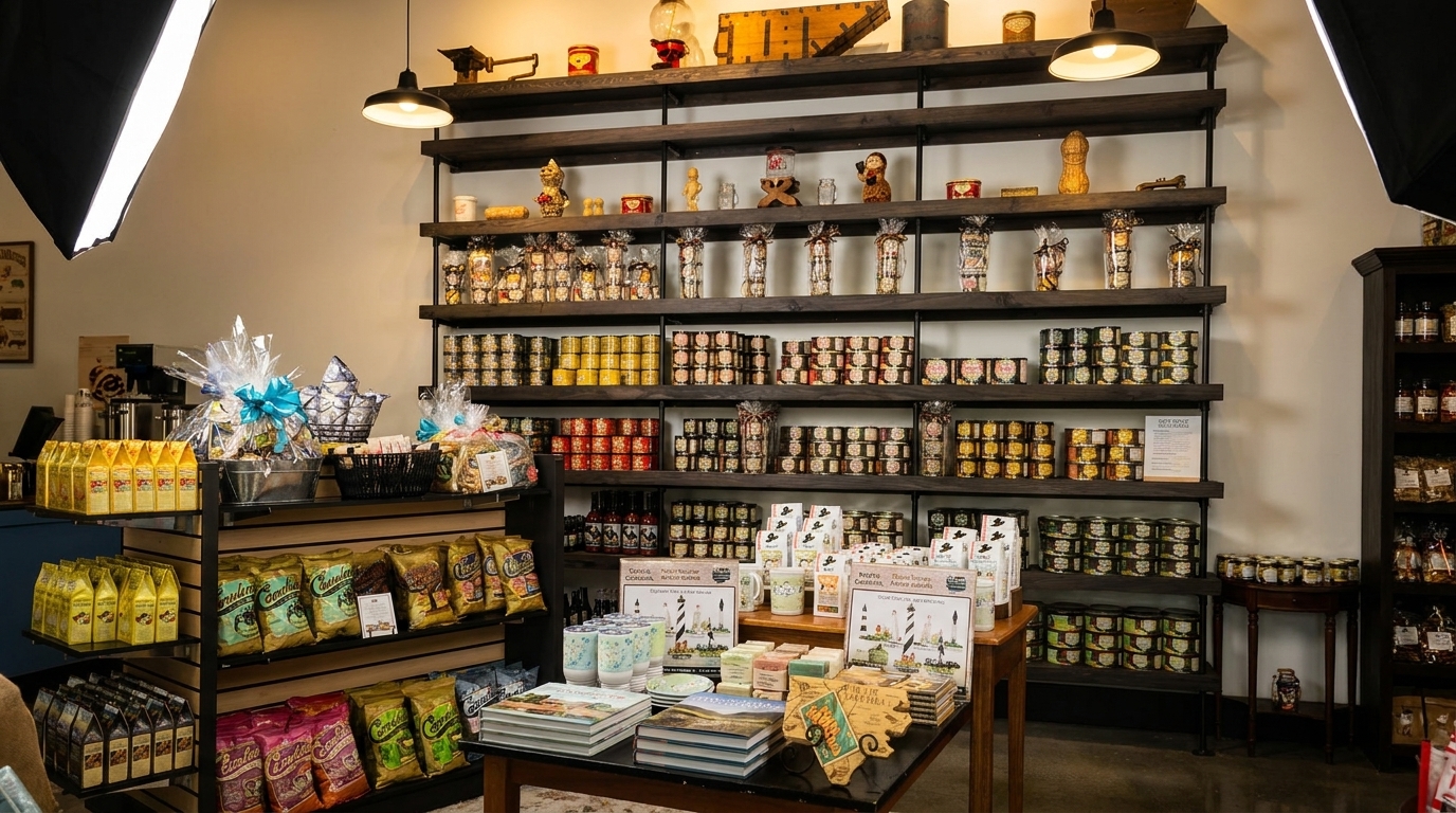 A store interior with shelves filled with packaged goods, gift baskets, and books.