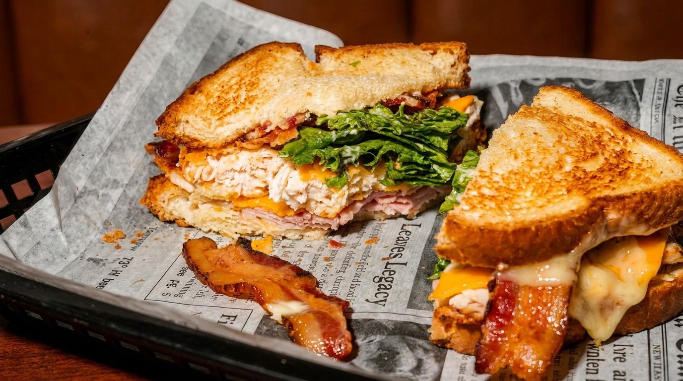 A grilled sandwich with turkey, ham, cheese, bacon, and lettuce, served in a basket on newspaper.