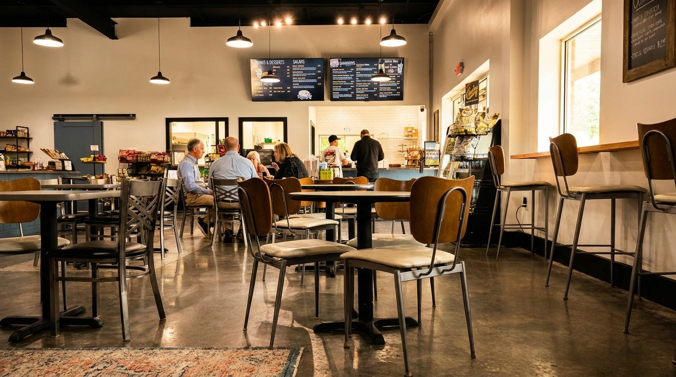 Customers seated at tables and a counter in a modern, brightly lit cafe with menu boards.