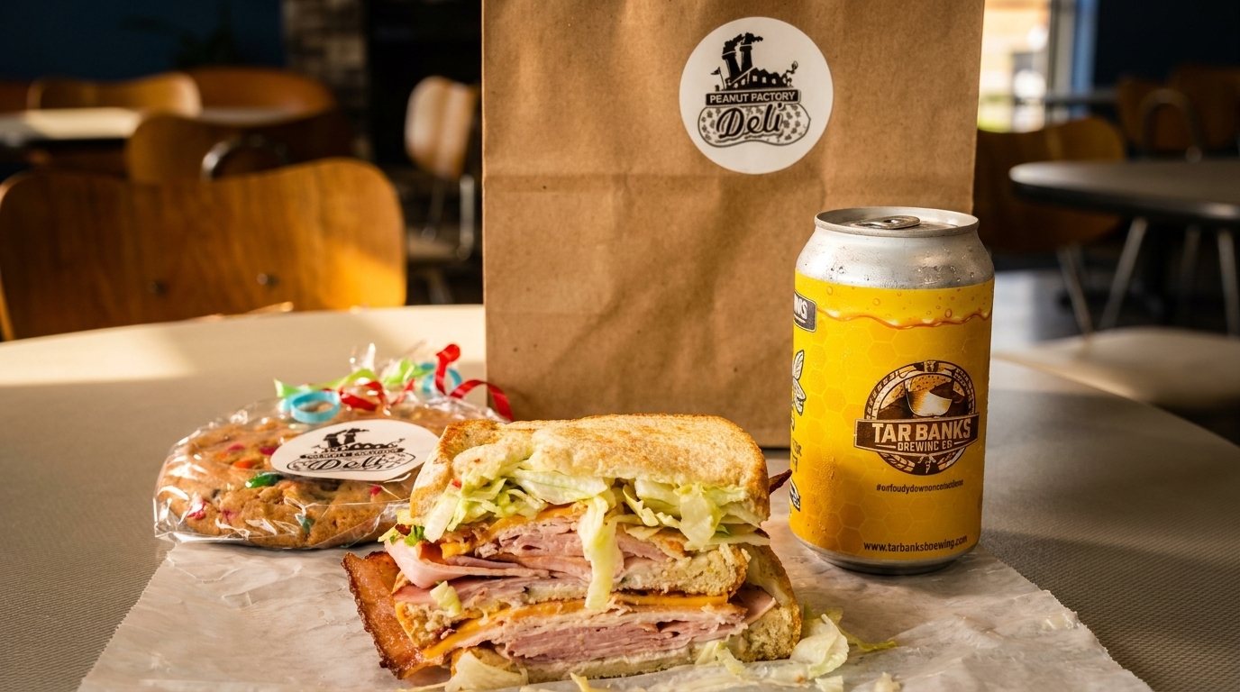 A Peanut Factory Deli sandwich, cookie, and Tar Banks Brewing beer can on a table.