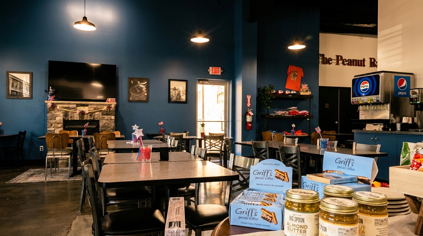 Interior of a restaurant with blue walls, tables, chairs, a fireplace, and a Pepsi soda fountain.