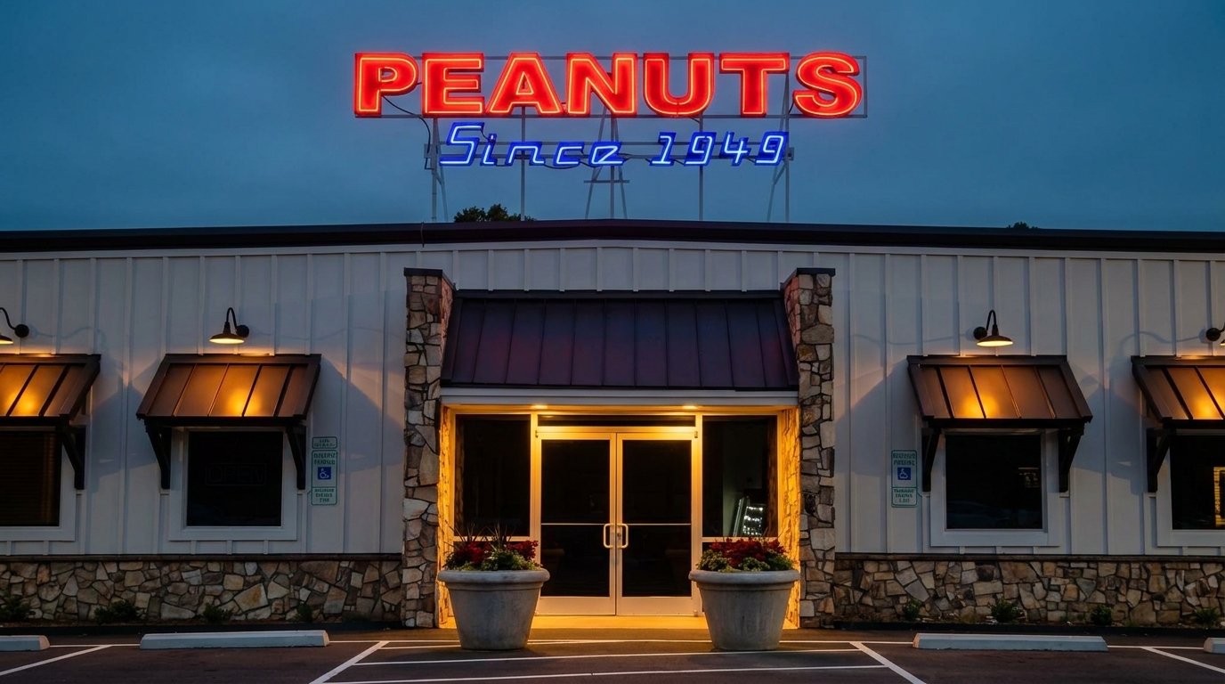 Exterior of Peanuts restaurant at dusk, with a bright red and blue neon sign.