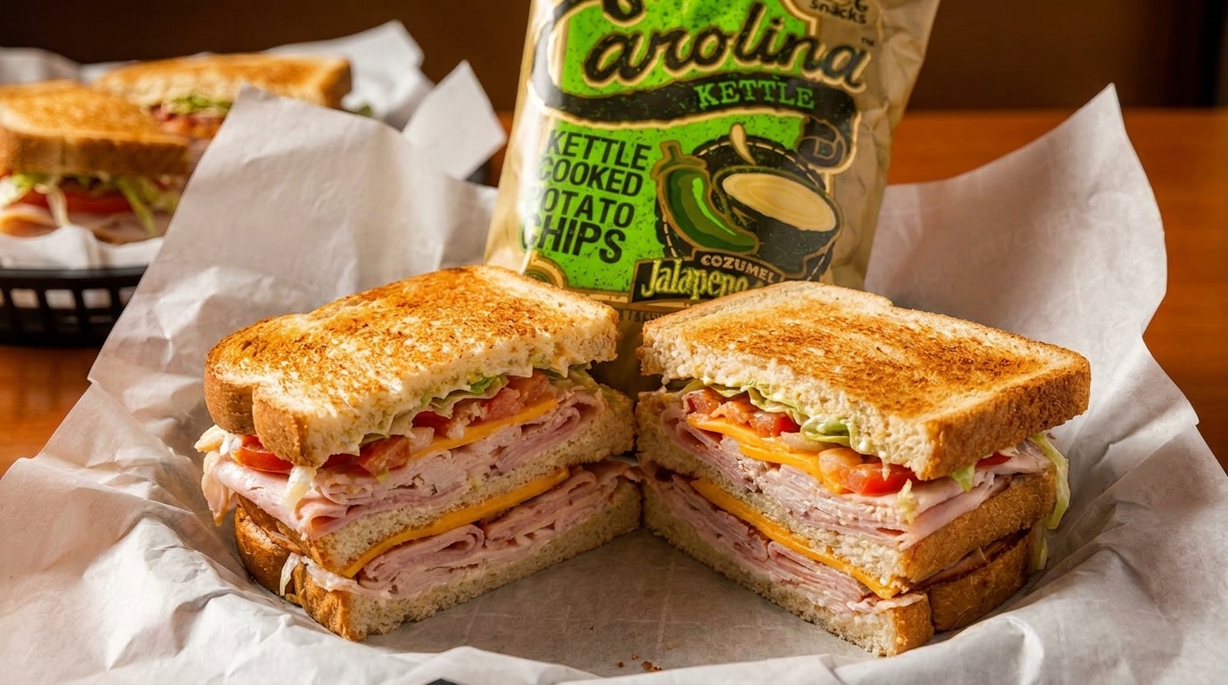 Two halves of a toasted turkey and cheese sandwich with lettuce and tomato, next to a bag of chips.