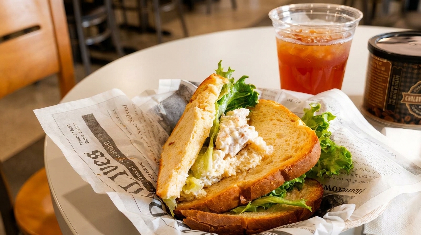 Chicken salad sandwich on toasted bread with lettuce, iced tea, and coffee on a table.