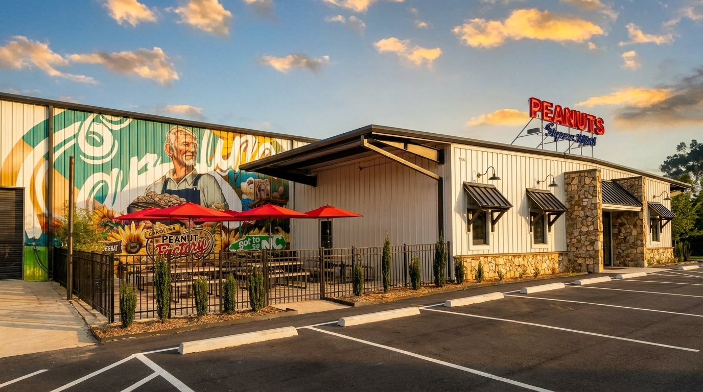 Exterior of Peanuts restaurant with a large mural, outdoor seating, and a parking lot.