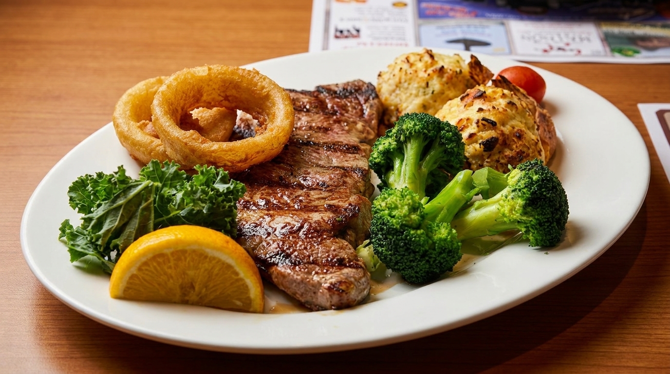 Grilled steak, onion rings, broccoli, and cheesy biscuits on a white plate with a lemon wedge.