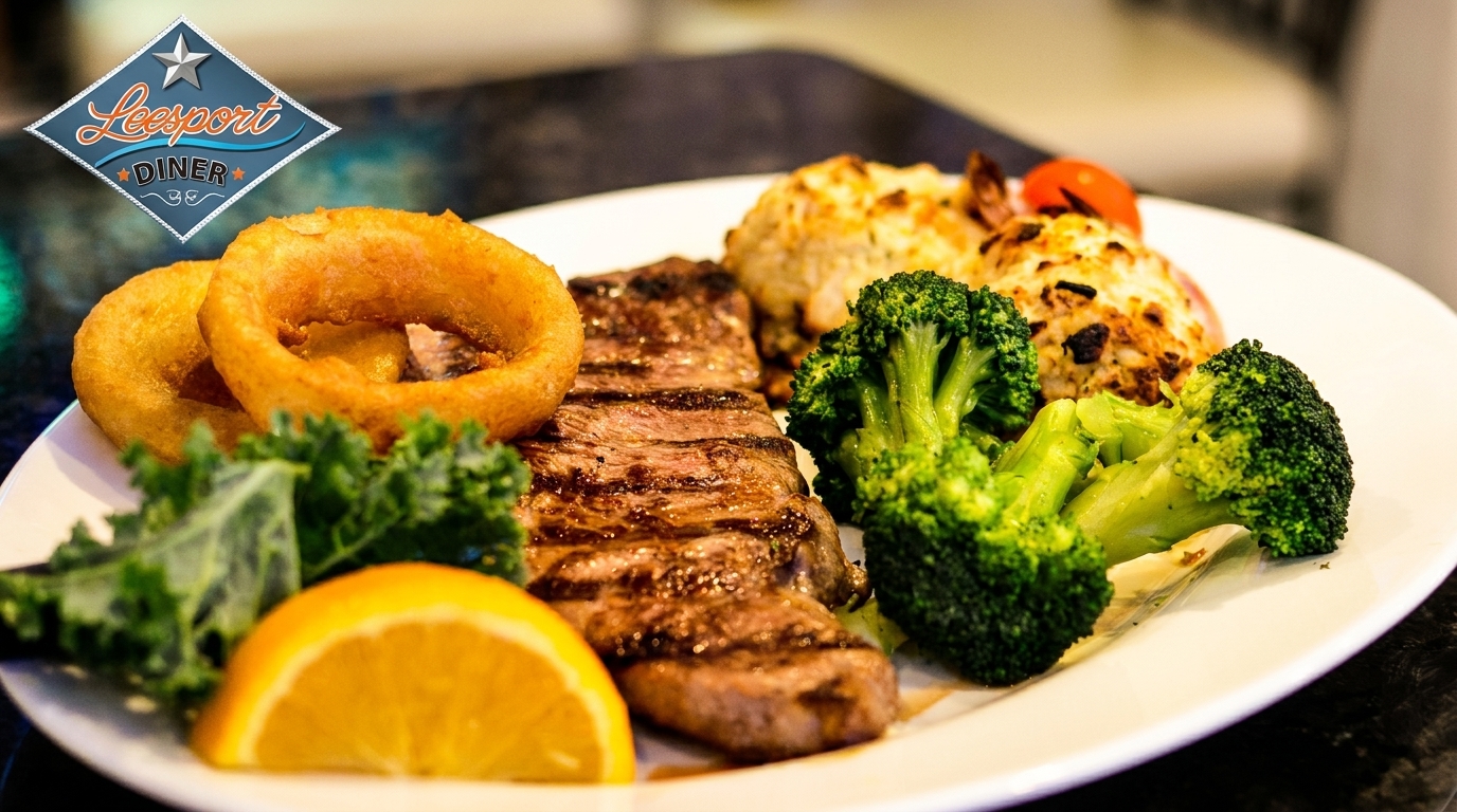 Leesport Diner's grilled steak with onion rings, broccoli, and a side of mashed potatoes.