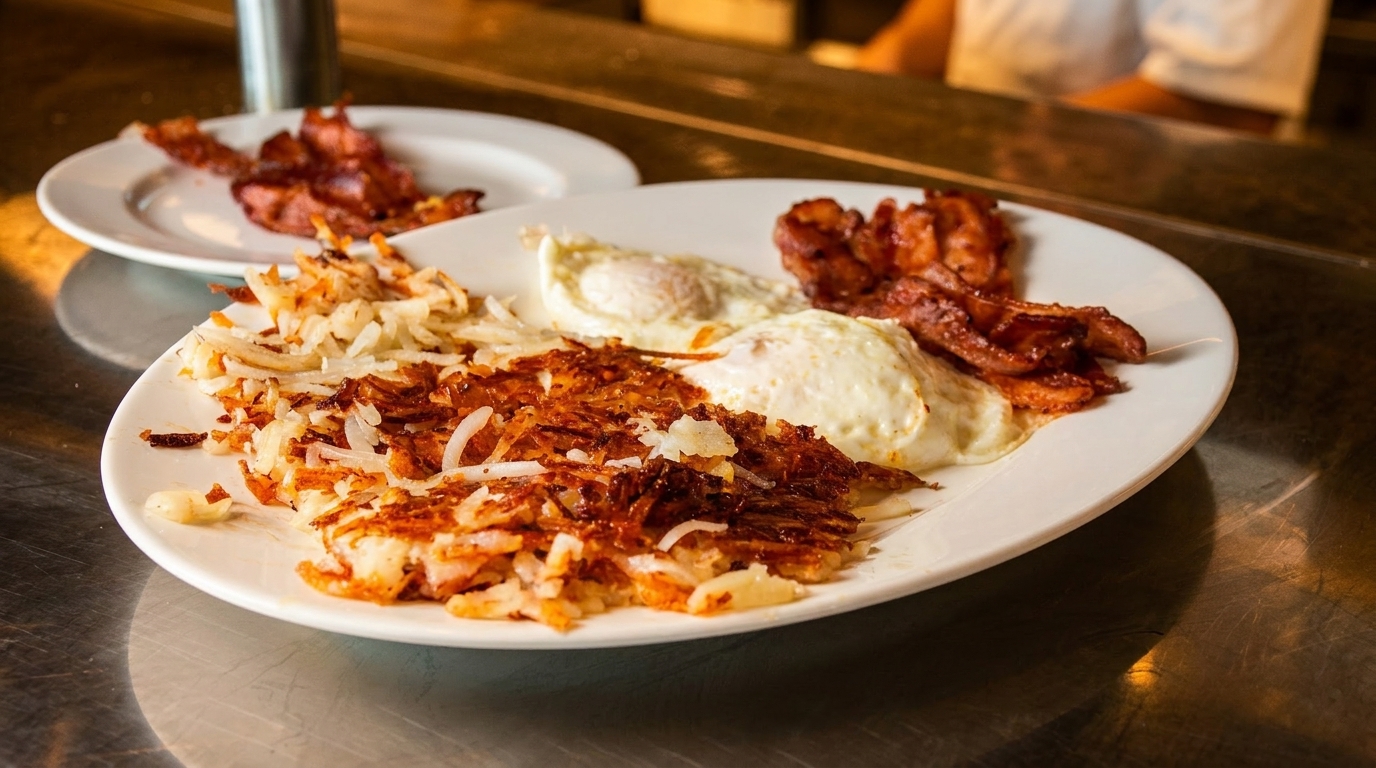A white plate with crispy hash browns, two fried eggs, and strips of bacon.
