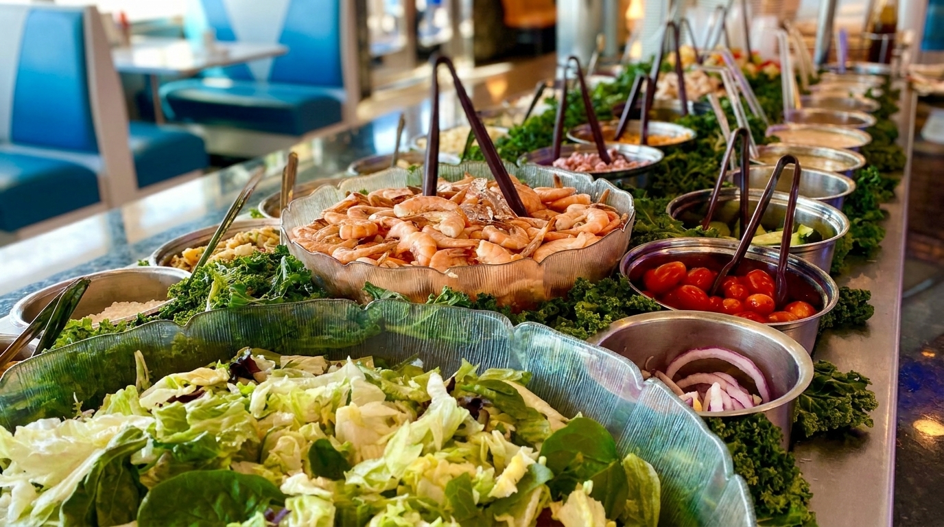 A vibrant salad bar with fresh greens, shrimp, cherry tomatoes, and various toppings in a restaurant.